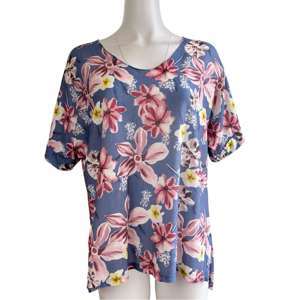 NEW M Made in Italy Floral Tee Oversized V-Neck Blue Small S